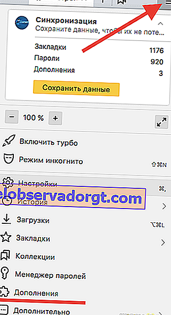 Yandex browser-tilføjelsesindstillinger