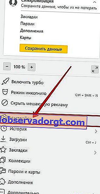 Configuración del navegador Yandex