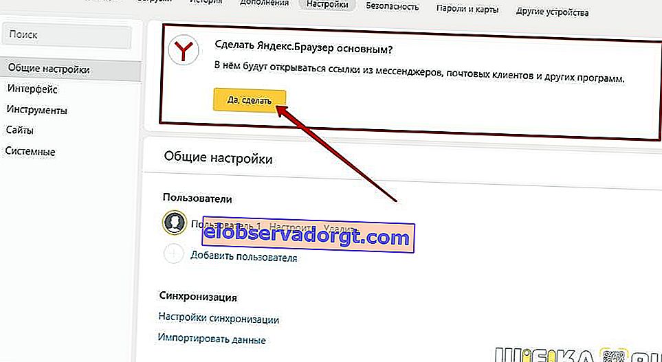 Yandexov preglednik učinite glavnim